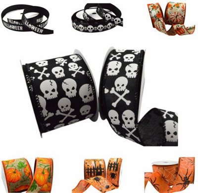 B&Q -  Happy Halloween Ribbon In A Range Of Spooky Designs & SizesFor Gift WrappingDecorationParty Etc (Black Skull & Cross