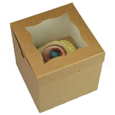Larryroo Kraft Brown Windowed Cupcake Box 1 Cavity Cup Cake Boxes & Inserts (10)