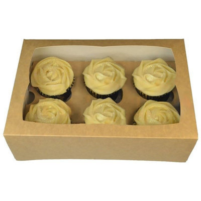 Larryroo Kraft Brown Windowed Cupcake Box 6 Cavity Cup Cake Boxes & Inserts (10)