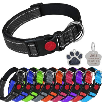 Larryroo Reflective Dog Soft Padded Nylon Collar With Personalised Engraved Glitter Paw Shaped Tag (BlackExtra Large) from B&Q