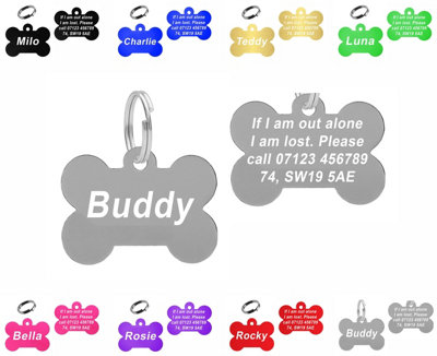 LarryRoo Personalised Engraved Dog Tag 38mm Wide Bone Shape Id Tag For Pets Vibrant Colours (Silver) from B&Q