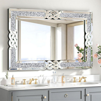 B&Q -  100X70Cm Luxury Crystal Decorative Wall Mirror Large Crush Diamond Silver Accent Mirror