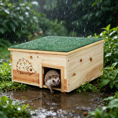 Bingopaw 38Cm Raised Wooden Hedgehog House Animal Hibernation Shelter House With Green Roof from B&Q