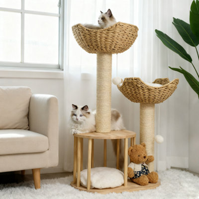 Bingopaw Solid Wood Cat Scratching Post Cat Tree Tower Kitten CondoEmbrace Basket Noon Break,60X40X99Cm from B&Q