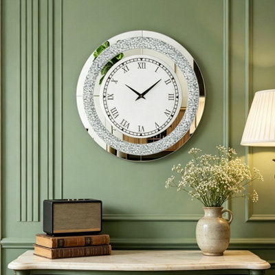 Artloge  60Cm Silver Round Wall Clock Mirror Glass Crush Diamond Clock Hung Diningroom Fireplace from B&Q