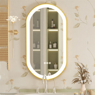 Luvodi Oval Led Bathroom Mirror Anti-Fog 3 Touch Lighted Gold Frame Large Demister Pad 80X50 Cm from B&Q