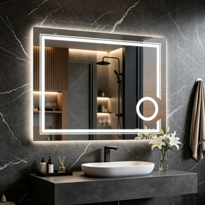 Luvodi 90X70Cm Anti-Fog Led Bathroom Mirror 3X Magnifier Vanity Shaving Mirror Dimmable 3 Colours Front Light + Backlit from B&Q