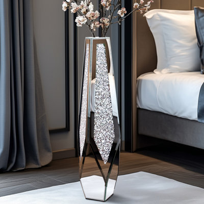 Artloge 85.5Cm H Large Mirrored Floor Vase Silver Crushed Diamond Flower Vase Chic Geometric Shap (Cannot Hold Water) from B&Q