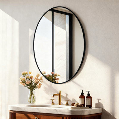B&Q -  70X90Cm Black Aluminum Alloy Frame Oval Mirror Wall Mount Bathroom Mirrors Matte Black