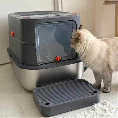 Bingopaw 58X42X42Cm Stainless Steel Cat Litter Box With Lid Enclosed Removable Litter Tray Big Pan from B&Q