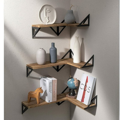 Fativo  3X Corner Wall Shelves Industrial Wood Floating Shelf For Souvenirs Ornaments Der from B&Q