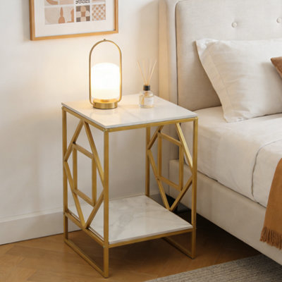Fativo 58Cmh Sintered Stone Marble Coffee Side End Table With Golden Frame Nightstand Storage Living RoomWhite from B&Q
