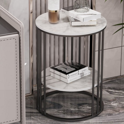 Fativo 2 Tiers Sintered Stone Marble Round Sofa Side Table Sintered Stone Top Marble Effect/black Frame from B&Q