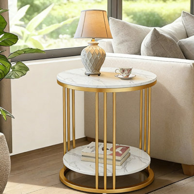 Fativo Steady 2 Tiers Sintered Stone Marble Round Sofa Side Table Sintered Stone Top Marble Effect/gold Frame from B&Q