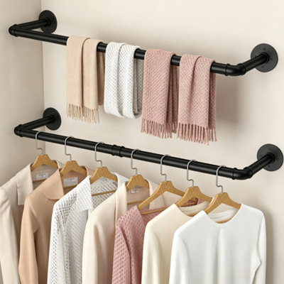 B&Q -   92Cm Long Strong Hanging Industrial Pipe Rack Full Open Clothes Rail Display Shelf Bracket Black