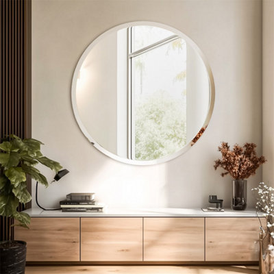 B&Q -  90Cm Bathroom Mirrors For Over Sink Round Frameless Mirror Beveled Polished Wall Mirror