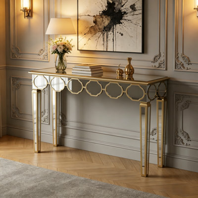 Artloge 120Cm Glass Mirrored Console Table Glass Mirror Entryway Desk With Light Golden Edge Frame from B&Q