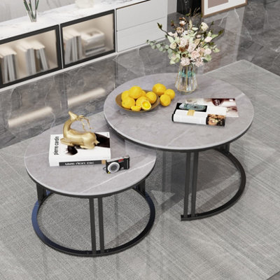 Fativo 70Cmw Coffee Table Set Of 2 Nesting Accent Tables Grey Sintered Stone Marble Top Stacking Side Desk from B&Q