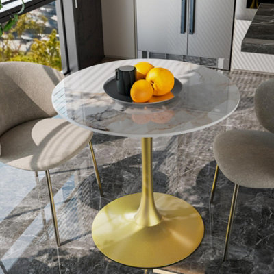 Fativo 76X78.5Cm Large Round Sintered Stone Marble Dining Table Tulip Table Breakfast Gold Leg Base Support W/ Gray Pattern from B&Q