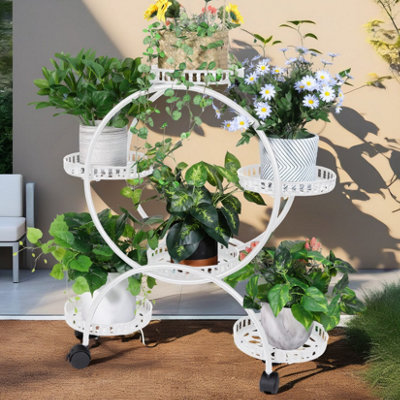Fativo  4 Tiers Flower Plant Stand Rolling Trolley Dispaly Shelf Pot Planter Holder Rack White from B&Q