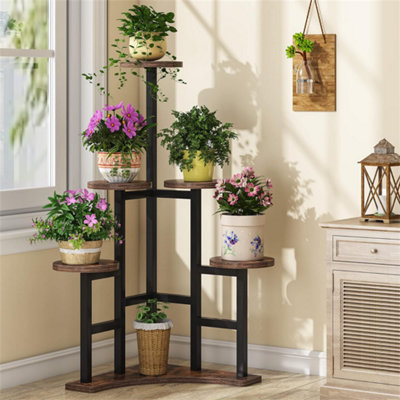 Fativo 5 Tier Metal Wood Corner Plant Shelf Flower Stand Flower Planter Holder Rack Rustic Brown 105.8Cmh from B&Q