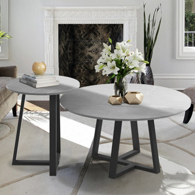 Fativo 2Pcs Round Nesting Coffee Sintered Stone Marble Table Grey End Side Tables Furniture Cross Legs 80Cm & 45Cm from B&Q