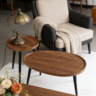 Fativo Nordic Style Wooden Nesting Coffee Table Round Oval Small Space Sofa Side Table W/ Metal Legs from B&Q