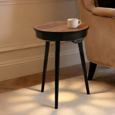 Fativo L40X H57Cm Smart Round Side Table With Bluetooth Speaker & Usb-C Port - Led Nightstand, Walnut & Black