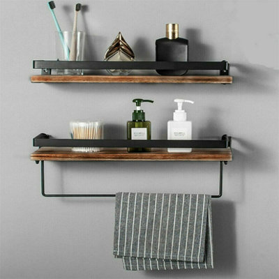 B&Q -  2 Large 40Cm Long Rustic Wall Floating Shelf Bathroom Utility Decorative Rack W/ Towel Rod