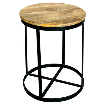 Buttercup Farm Ravi Iron Base Solid Wood Small Round StoolL41 X W41 X H52 CmMango Light Finish from B&Q