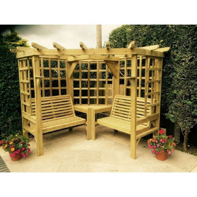 B&Q -  Clementine Corner Garden Arbour4 Seat2 Bench & Coffee TableL150 X W290 X H205 CmSet Of Waterproof Cushions Included