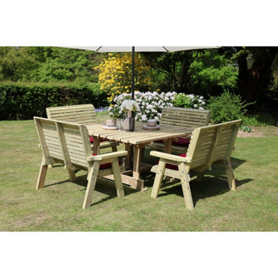 B&Q -  Ergo 8 Seater Square Table4 BenchesL149 X W149 X H77 CmMin. Assembly RequiredSet Of Waterproof Cushions Included
