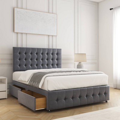 Bsspoke Eva Divan Bed Set Steel Velvet 24Inch Chesterfield Headboard & Footboard & 2 Drawers Same Side & Mattress In All Sizes