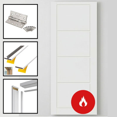 B&Q -  Vancouver 4-Panel Modern Ladder Fd30 Fire Rated Internal Timber Door 840mm/33" X 1980mm X 44mm30 Minute Fire Rated White Primed
