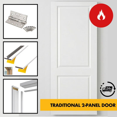B&Q -  Classic Traditional 2-Panel Fd30 Fire Rated Internal Timber Door 762mm/30" X 1980mm X 44mm -30 Minute Fire Doors White Primed
