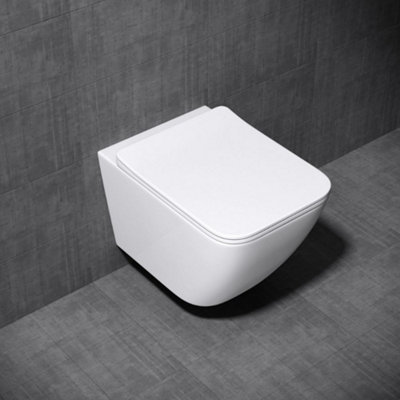 Durovin Bathrooms Ceramic Rimless Wall Hung Square Toilet -Short Projection- Include Wc Pan With Quick Release Soft Close Seat from B&Q