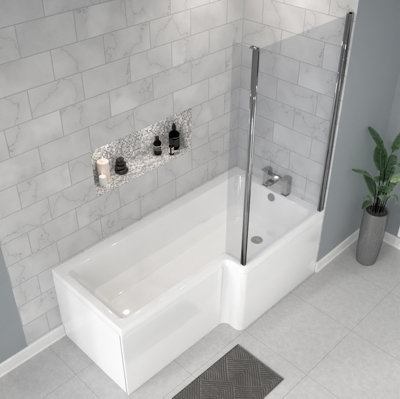 Nes Home Right Hand L Shaped Shower Bath With Front End Panel & Hinged Shower Screen from B&Q