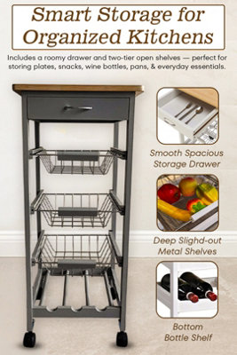 Hygrad Built to Survive Kitchen Trolley White Wooden 3 Tier Rolling Organiser (3 Basket + 1 Wine Rack) Utility Storage Cart With 3 Basket DrawersWheels from B&Q
