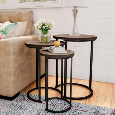 Hygrad Built To Survive Unisex Brown Set Of 3 Round Vintage Wooden/Steel Nesting Side Coffee Tables Stacking Sofa Side Tables, Space Saving For Hallway Living - Image 3
