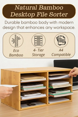 Hygrad Built to Survive Large Bamboo Desktop File Sorter A4 Document Desk Tidy Organiser 8 Compartments Filing Storage For Papers Stationery Magazines Fol from B&Q