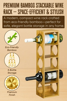 B&Q -  Bamboo Stackable Wine Rack Stand Holder Wall MountableFree Standing Or Horizontally 5-Bottle Storage DisplayCountertop Rack