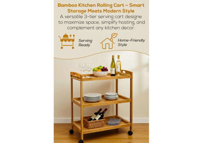 Hygrad Built to Survive Bamboo 3 Tier Kitchen Storage Rack Serving Trolley Island Cart With WheelsKitchen CartStorage Shelf With Lockable Castors from B&Q