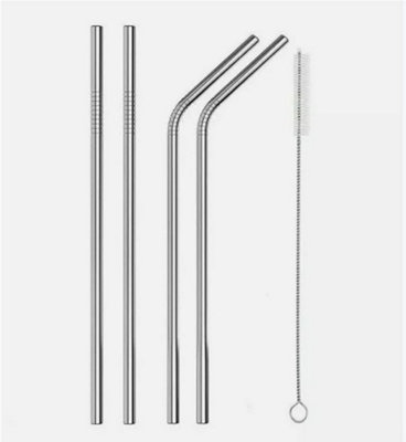 Glim & Glam Unisex Silver Reusable Straws Drinks Set Brush Stainless Steel 4Pcs In - Image 3