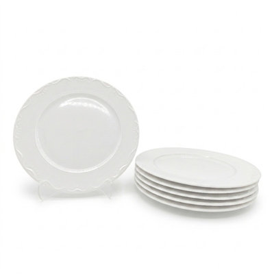 B&Q -  Dessert Side Plate 4Pc Set Porcelain White Embossed Floral Dot Rim 20.5Cm