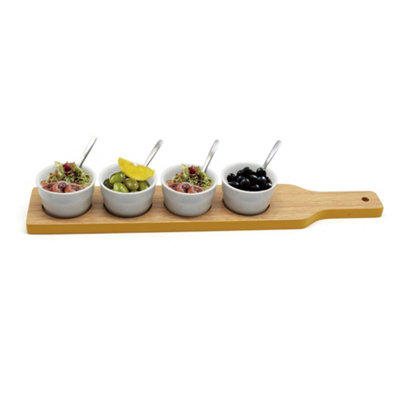 Van Gogh Snack Bowls Nibbles Dips Tray Appetizers Tapas Serving Dishes Set Acacia Wooden Paddle White Porcelain from B&Q