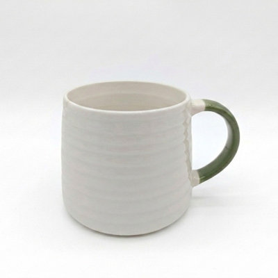 Glim & Glam Ceramic Coffee Tea Mug 13Oz Ribbing Textured Green Painted Handle X4