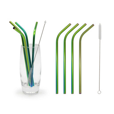 B&Q -  Straws Brush Drinks Set Stainless Steel Reusable Iridescent Rainbow 6Pcs