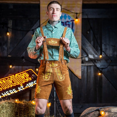 Rac3 Mens Suede Lederhosen Traditional Bavarian Oktoberfest Outfit With Embroidery And Suspenders GoldenGolden Embroidery 32 from B&Q