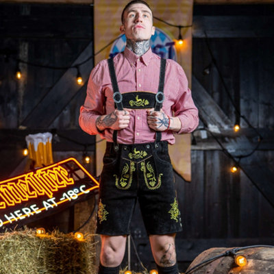 Rac3 Mens Suede Lederhosen Traditional Bavarian Oktoberfest Outfit With Embroidery And Suspenders BlackGolden Embroidery 34 from B&Q