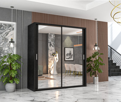 RAC3 Sliding Wardrobe With Mirror Space Saving Bedroom WardrobeContemporary Bedroom Sliding Wardrobe & Mirror Wardrobe (Black 180Cm) from B&Q